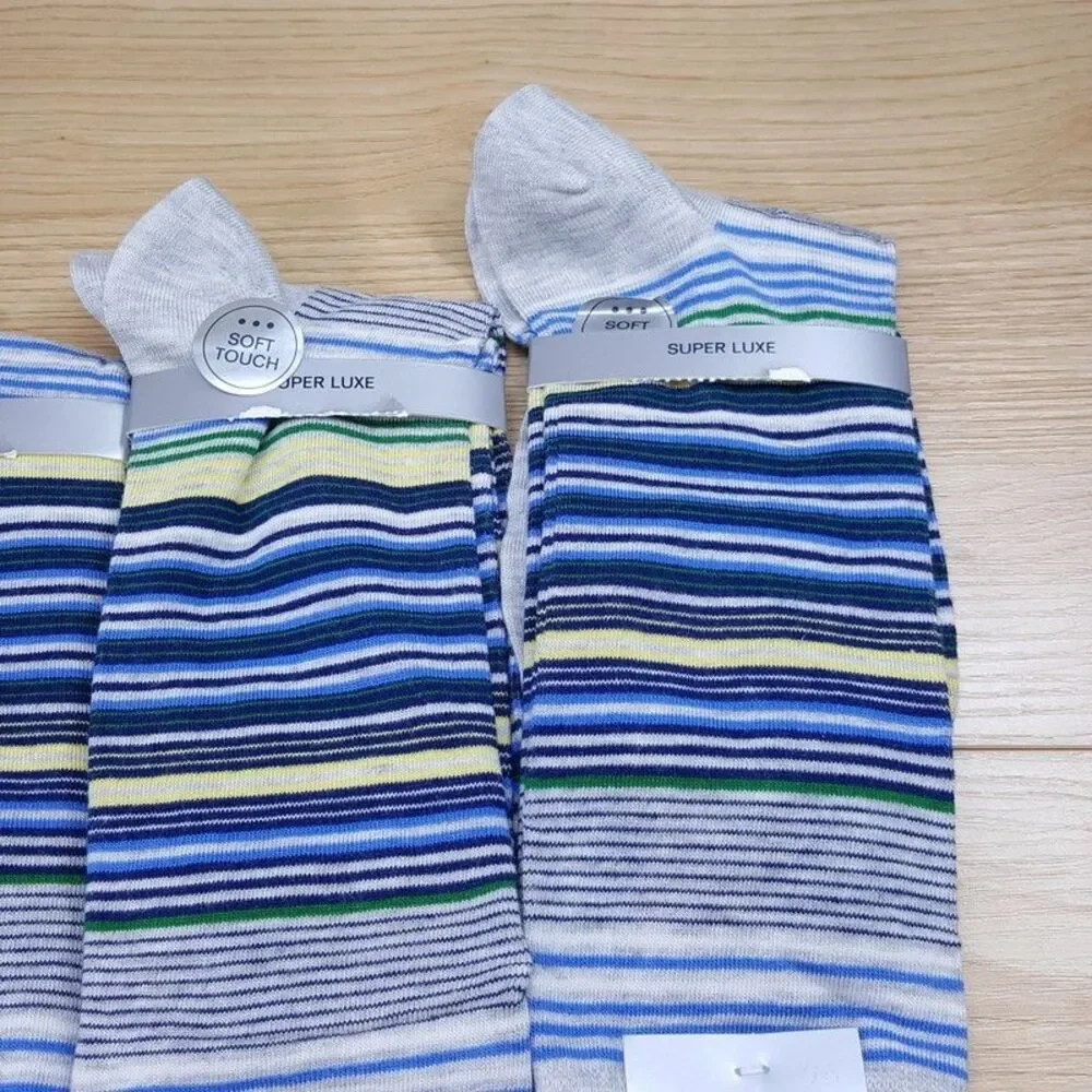 PERRY ELLIS Crew Dress Socks Grey 3-Pack Stripe Rayon Ultimate Soft Comfort